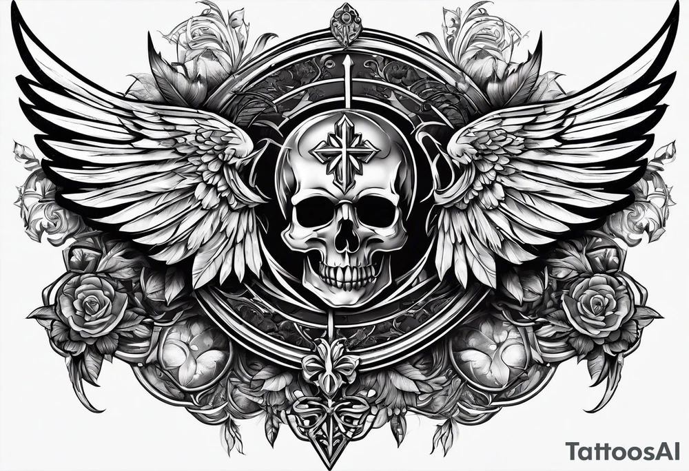 chest cross and wings tattoo idea