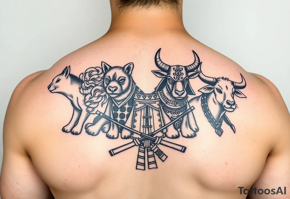 Chinese zodiac animals: rat, dog, goat, and ox all dressed up Japanese Samurai style tattoo idea