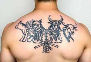 Chinese zodiac animals: rat, dog, goat, and ox all dressed up Japanese Samurai style tattoo idea