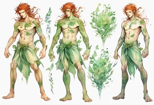 a slender and beautiful male dryad with pale green skin and auburn hair tattoo idea