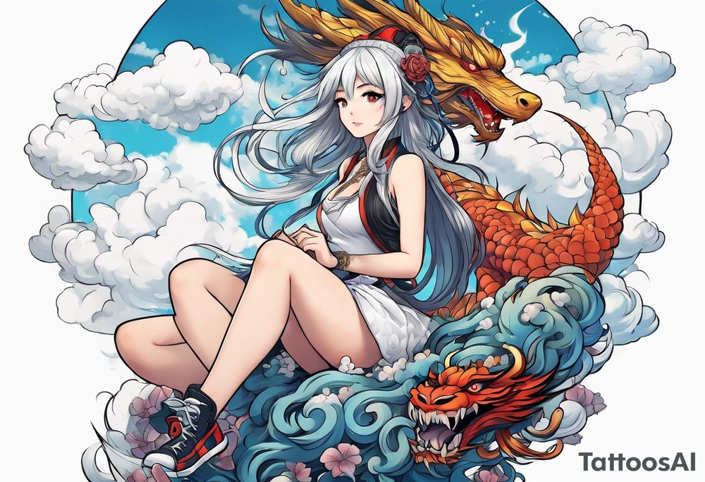 an anime girl sitting on a asian monster surrounded by cloud tattoo idea