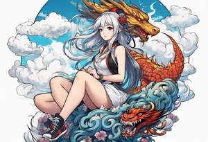 an anime girl sitting on a asian monster surrounded by cloud tattoo idea