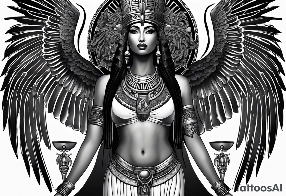 black and white Egyptian goddess Isis, who is often depicted as a woman with outstretched wings, holding an ankh (a symbol of life) in one hand and a lotus flower in the other. Her headdress often includes a throne or a solar disk. The tattoo design can vary in style and size, but it typically aims to capture the essence of this revered Egyptian deity, emphasizing her beauty, power, and maternal qualities. The choice of colors and additional elements can also be customized to create a unique and visually striking representation of the goddess Isis tattoo idea