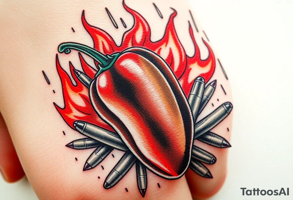 Chili pepper with flames and raining bullets in the background tattoo idea