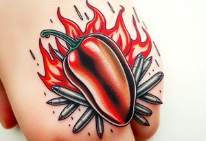 Chili pepper with flames and raining bullets in the background tattoo idea