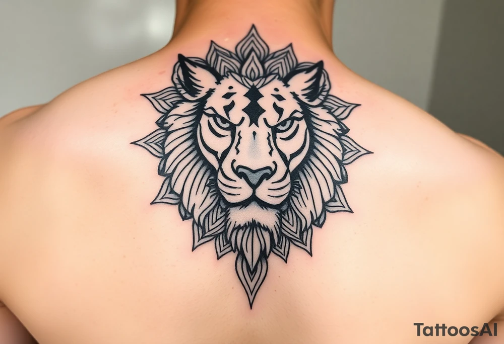 Detailed realistic lion head with mandala patterns around it that covers the hand and a small part of the fingers. tattoo idea