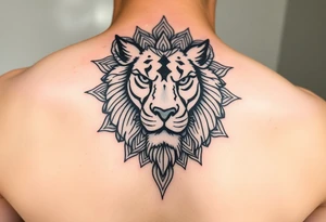 Detailed realistic lion head with mandala patterns around it that covers the hand and a small part of the fingers. tattoo idea
