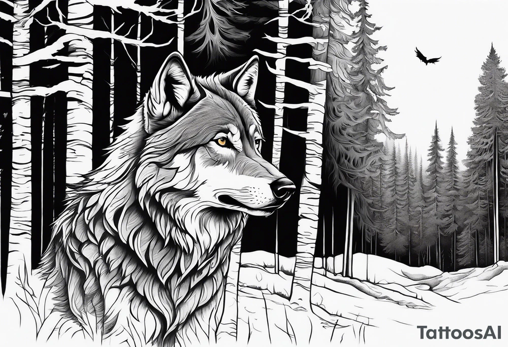 Detailed powerful Wolf in Front of a scary forest tattoo idea