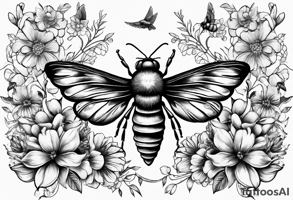 Image of a spine, with small flowers, bees and birds and hearts tattoo idea
