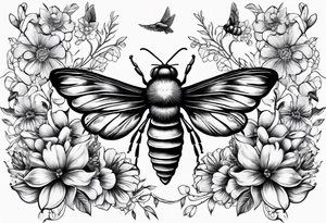 Image of a spine, with small flowers, bees and birds and hearts tattoo idea