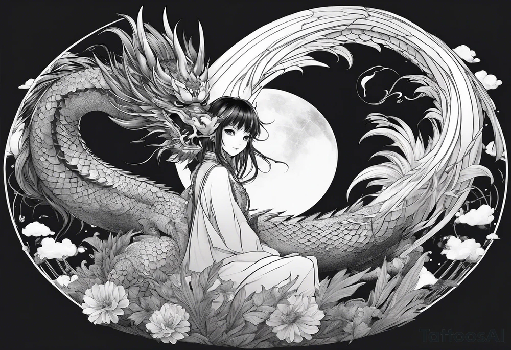 a full shot of an anime girl seen from far, sitting on a sphere and surrounded by asian dragon with wings tattoo idea
