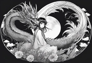 a full shot of an anime girl seen from far, sitting on a sphere and surrounded by asian dragon with wings tattoo idea