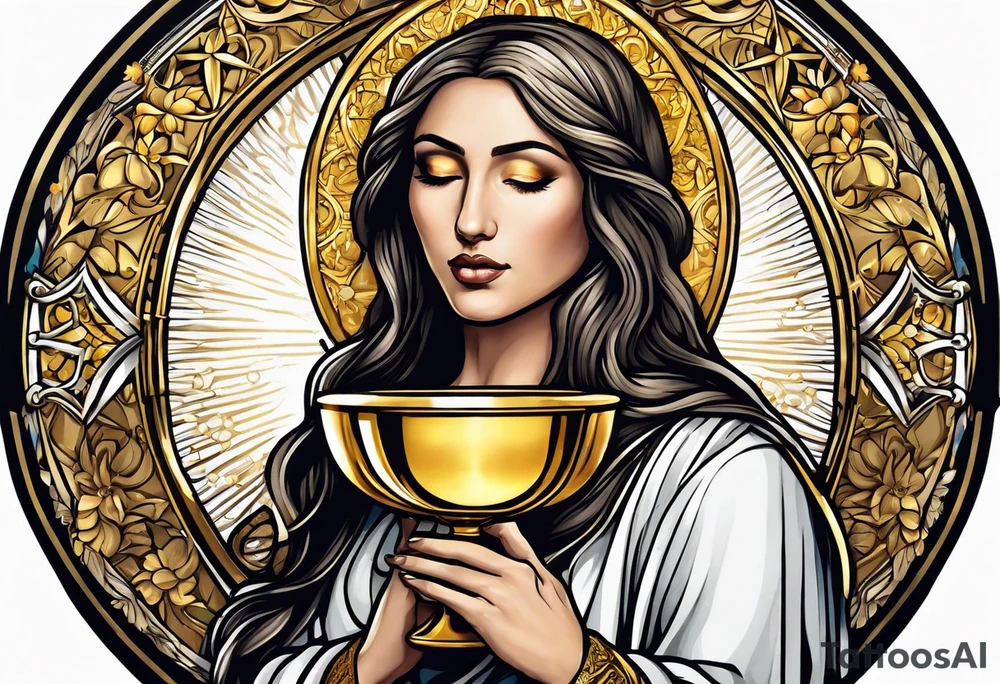 woman saint holding chalice surrounded by golden halo sideways tattoo idea
