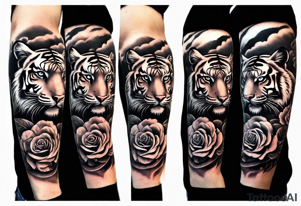 Full right arm sleeve  tiger with a crown and third eye with a hour glass instead the hourglass brain cover in in clouds and a heart cover in grass and roots with roses and smoke all over the arm tattoo idea