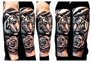 Full right arm sleeve  tiger with a crown and third eye with a hour glass instead the hourglass brain cover in in clouds and a heart cover in grass and roots with roses and smoke all over the arm tattoo idea