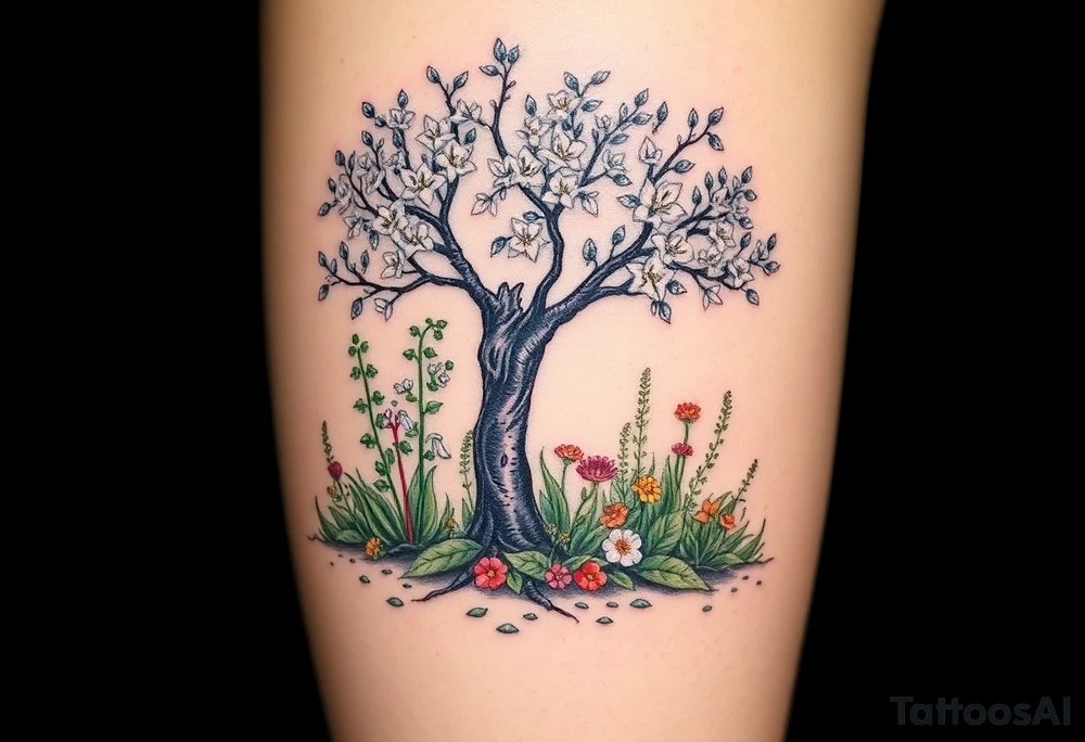 Lilly of the vally plants underneath a blooming hawthorn tree with other colorful plants on ground tattoo idea