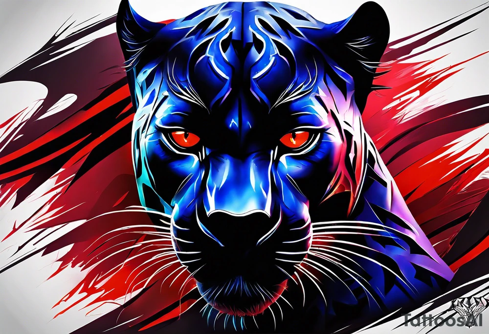 unique black panther tattoo, dynamic pose, showcasing its strength and grace, striking red eyes, intense and captivating elements, artistic flair, blending realism with abstract elements tattoo idea