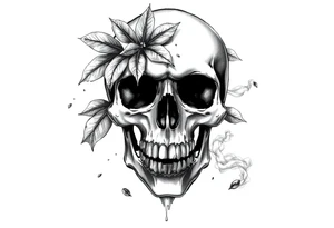 A skull seen from the front with leaves passing through it, smoke, and an effect on the skull as if it were crumbling. tattoo idea