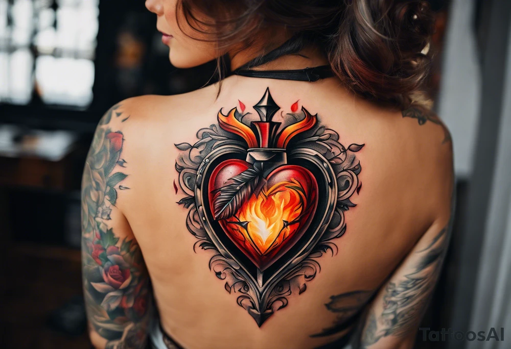 Heart on fire with an arrow shot through it. Showcasing things were difficult between me and my husband and how we are separating our paths tattoo idea