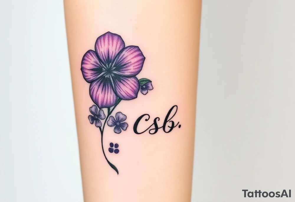 Violets, peace symbol, Pisces symbol, dog prints, amethyst, initials csb in cursive font tattoo idea