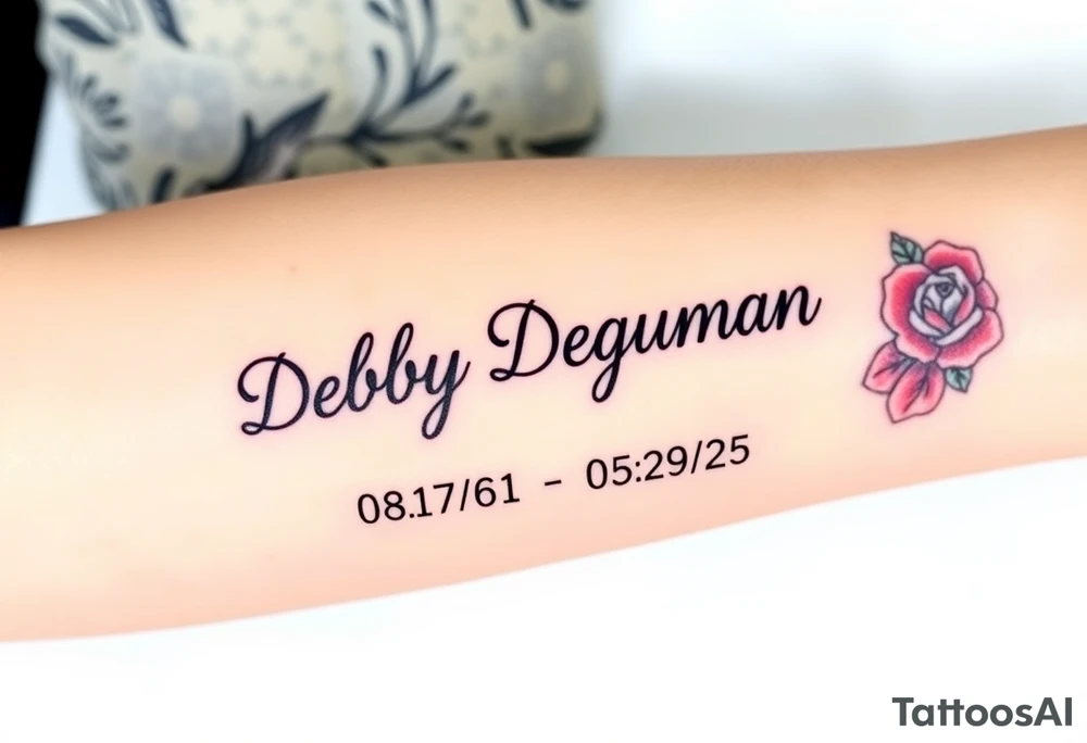 Tattoo of the exact name Debby Deguzman in chunky curly cursive with the exact dates of 08/17/61-05/29/25 surrounded by 1 hummingbird and 1 rose tattoo idea