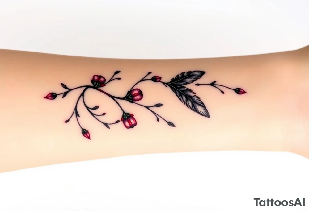 Bracelet with vines and feathers
Purple, red and black with a jewelry like finish tattoo idea