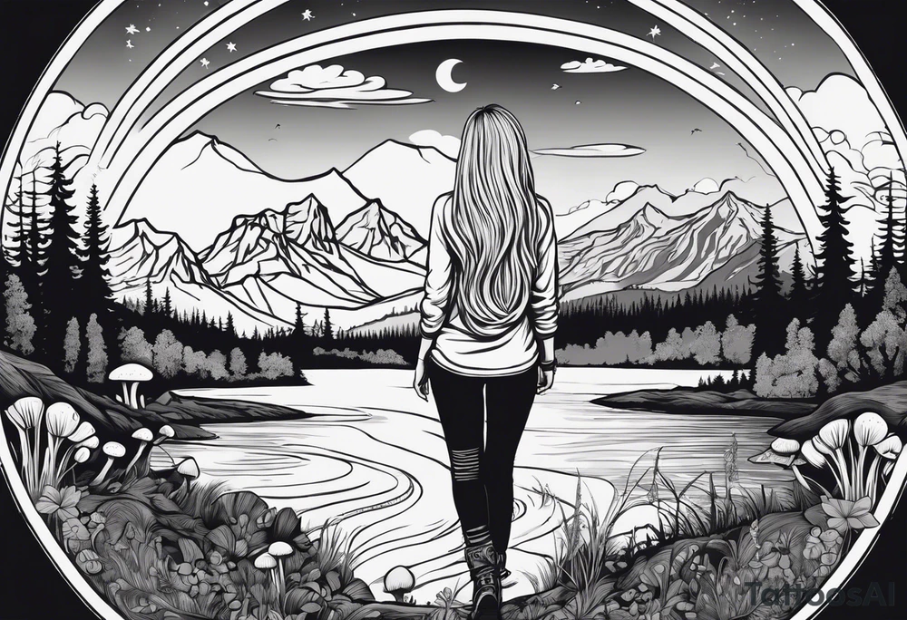 Whole picture encircled fully

Straight long blonde hair hippie girl in distance holding mushrooms in hand facing away toward mountains and creek surrounded by mushrooms long sleeve shirt and hiking pants; whole rendering within a full circle, no cut off circle tattoo idea