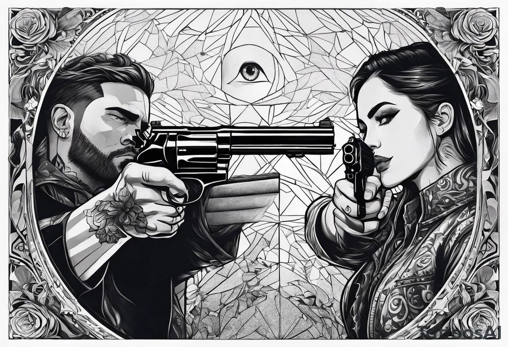 In the reflection of a eye two people holding guns one man dead on the ground with a wounded woman standing behind him tattoo idea