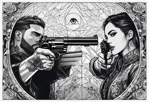 In the reflection of a eye two people holding guns one man dead on the ground with a wounded woman standing behind him tattoo idea