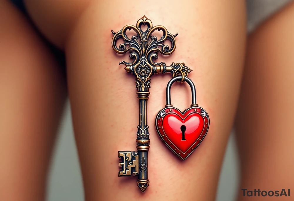 A detailed skeleton key with intricate engravings, paired with a large love lock hanging from the key. The lock’s shape is heart-like, and the key’s bow is decorated with an elegant filigree pattern. Deep bronze for the key and lock, with silver accents to highlight the engravings, and a pop of soft red for the heart-shaped lock. tattoo idea