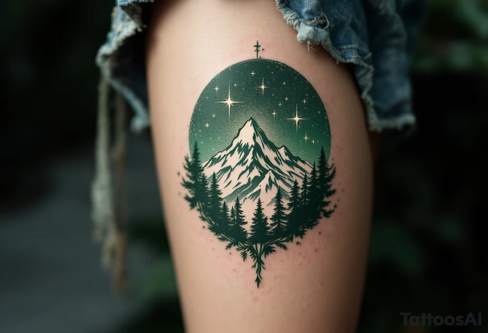 Etched in deep forest green, “Per aspera ad astra” curls around a mountain silhouette rising into a starlit sky. tattoo idea