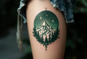 Etched in deep forest green, “Per aspera ad astra” curls around a mountain silhouette rising into a starlit sky. tattoo idea