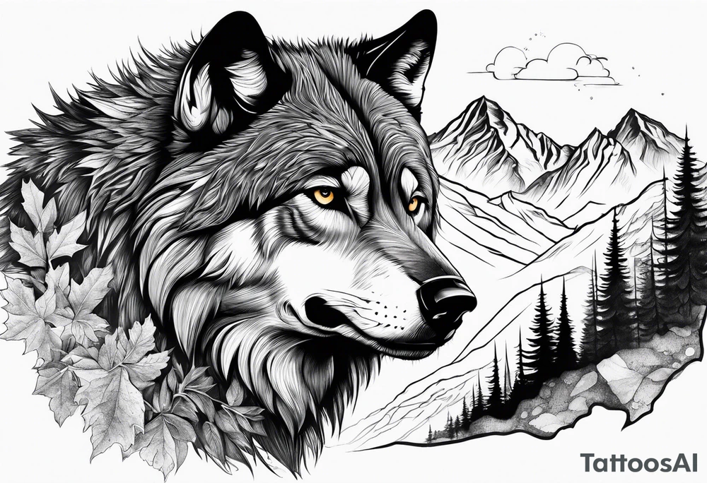 Mountains, wolf in it tattoo idea
