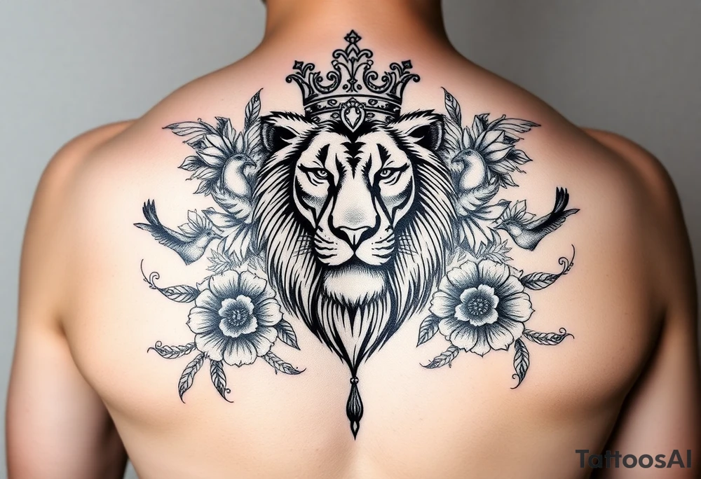 powerful majestic lion with a crown, surrounded by floral ornaments and birds tattoo idea