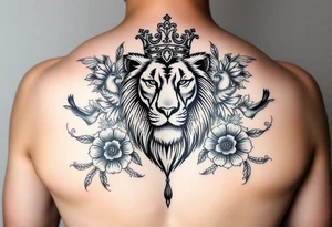 powerful majestic lion with a crown, surrounded by floral ornaments and birds tattoo idea