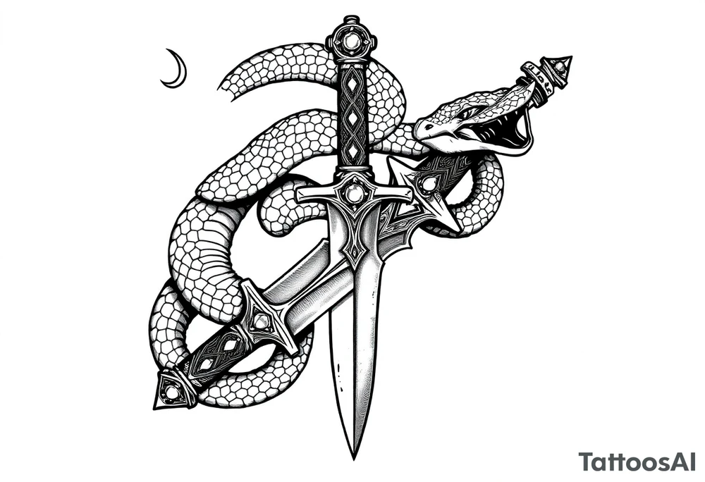 mystical snake coiled around an ancient dagger with jeweled hilt tattoo idea