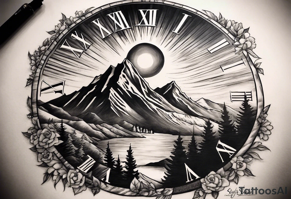 Half sleeve. View from the base of the mountains looking up to the sun. The sun is a clock that reads 12:01 to signify a new day. I want a clock tower in the middle of the mountains with the times my two sons were born. This tattoo represents overcoming massive obstacles and becoming a better person. tattoo idea