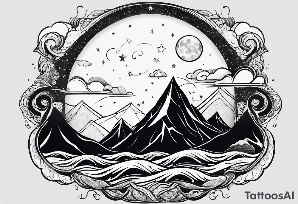 A moon that Drips at the bottom Surrounded by Mountains and waves. tattoo idea