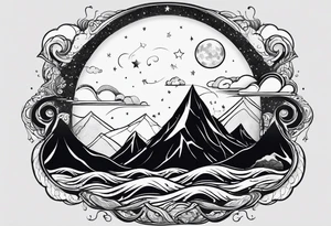 A moon that Drips at the bottom Surrounded by Mountains and waves. tattoo idea