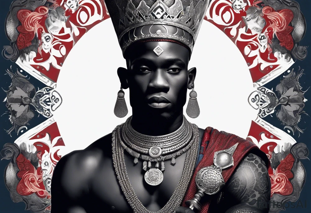 An african god, a bald black-skinned warrior, that uses a sword and a silver crown. He also uses blue and red necklaces tattoo idea