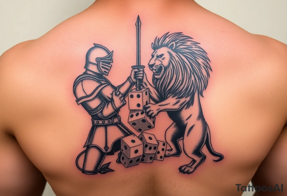 Knight and lion fighting rolling dice tattoo idea