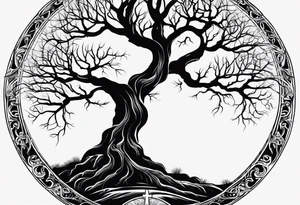 a narrow tree with roots with the text of "Deep roots are not reached by the frost." around it tattoo idea