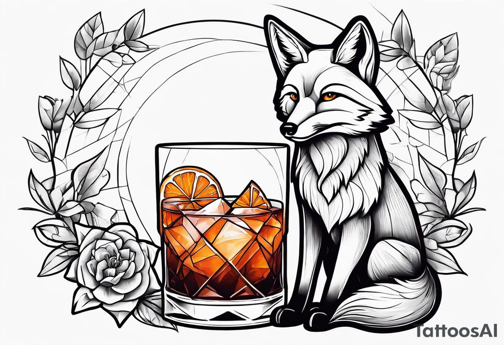 male fox with one Negroni in short lowball cocktail glass with ice and orange peel tattoo idea