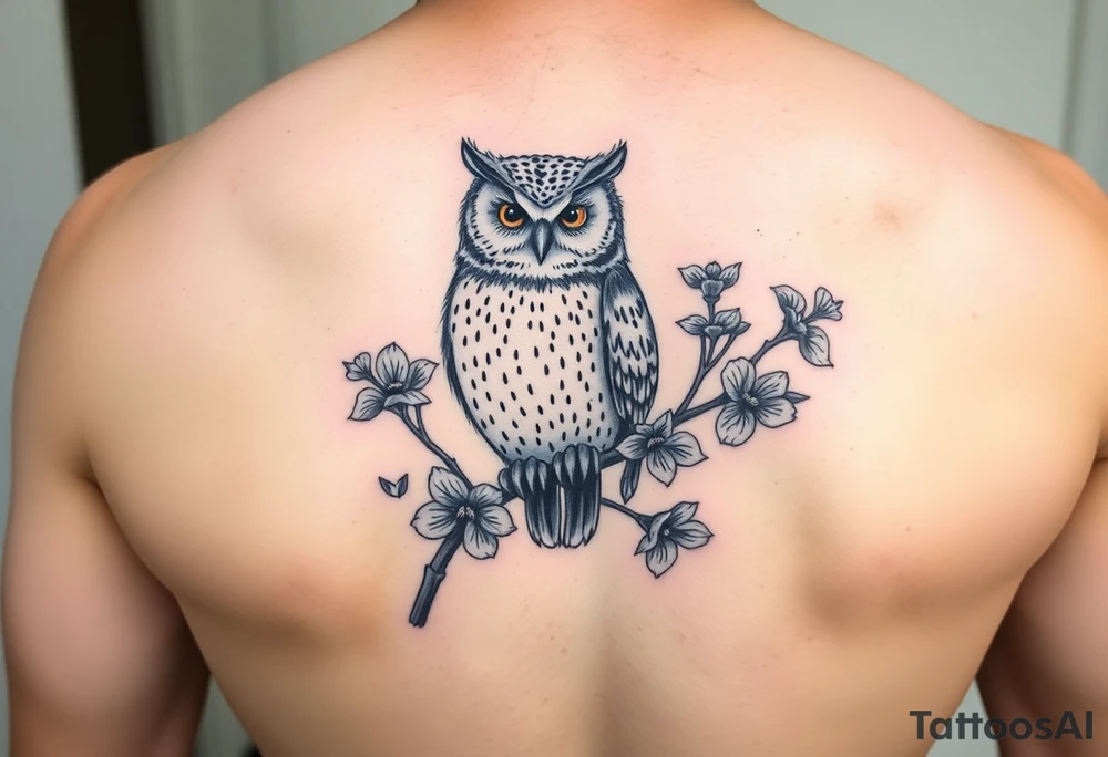 Cute owl sitting on a branch of violets tattoo idea