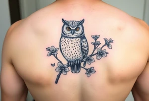 Cute owl sitting on a branch of violets tattoo idea