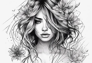 One line tattoo A distraught girl frazzled hair on her knees kind of disintegrating into dirt, screaming  (screams are visualized by lines) that turn into flowers tattoo idea