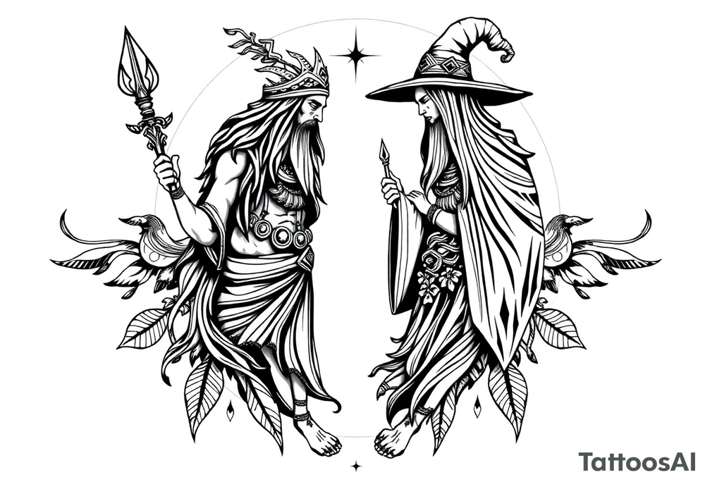 long shaman and witch abstracstyle mytical with ancient rhyme tattoo idea