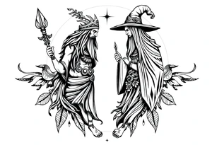 long shaman and witch abstracstyle mytical with ancient rhyme tattoo idea