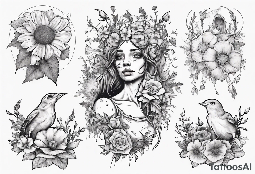 Elf carrying her dead bird in a flower medow tattoo idea