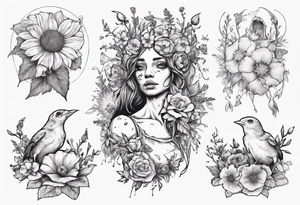 Elf carrying her dead bird in a flower medow tattoo idea